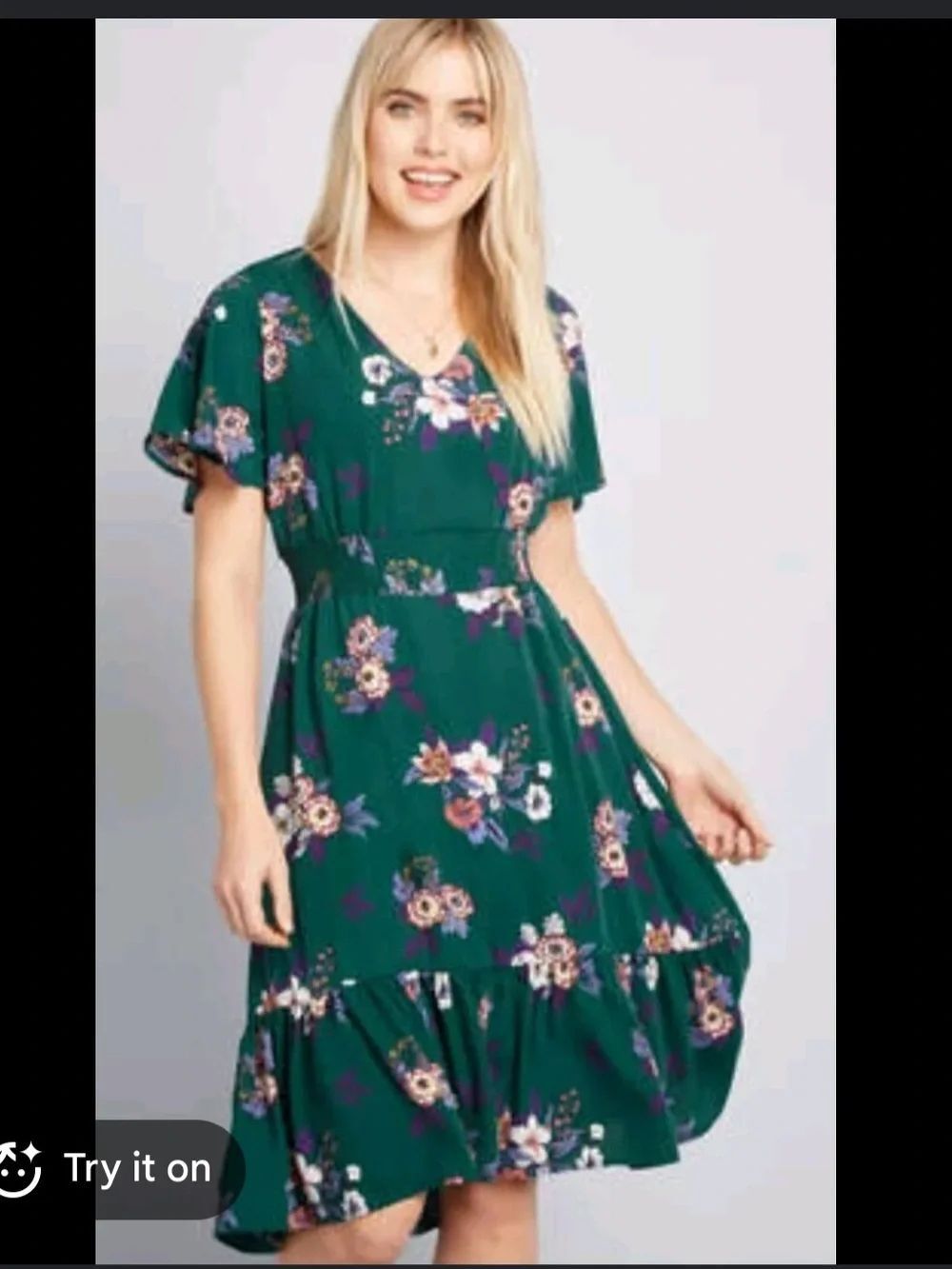 Peach Love California Emerald Green Floral Midi Dress with Flutter Sleeves 2XL